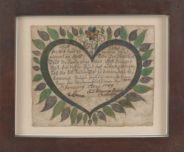 Rare Pennsylvania fold-up tauff-wunsch, dated 1: Rare Pennsylvania fold-up tauff-wunsch, dated 1749, watercolor and ink on laid paper birth record with a central heart enclosing script surrounded by black and green leaves and a flower, 6 1/8'' x 7 1