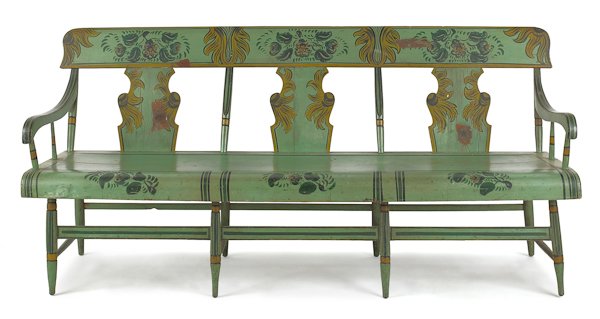 Pennsylvania painted settee, ca. 1840, retainin: Pennsylvania painted settee, ca. 1840, retaining its original floral decoration on an apple green ground, 37'' h., 78 1/4'' w.