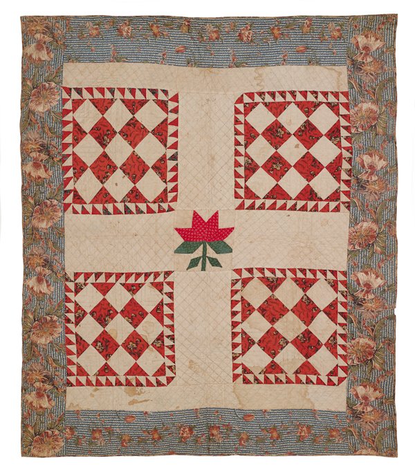 American pieced crib quilt, ca. 1835, with four: American pieced crib quilt, ca. 1835, with four patchwork squares and a chintz border, 39'' x 46''.