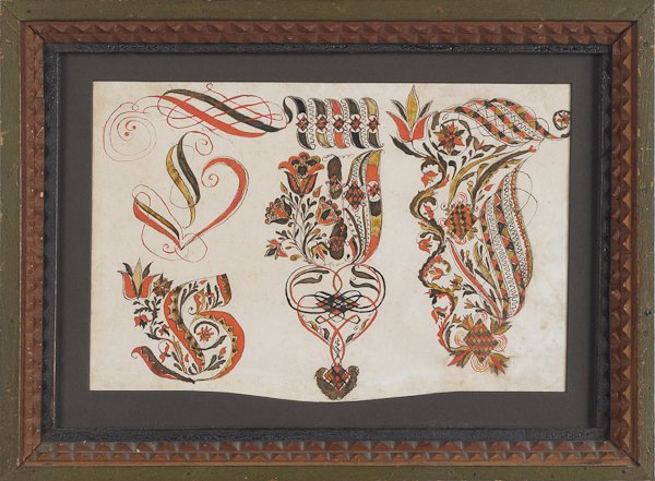 Franconia Schwenkfelder watercolor and ink on pa: Franconia Schwenkfelder watercolor and ink on paper fraktur lettering example, with elaborate script intertwined with tulips, stylized flowers, leafy vines, and checkerboard diamonds, 7 1/2'' x 11 1/2