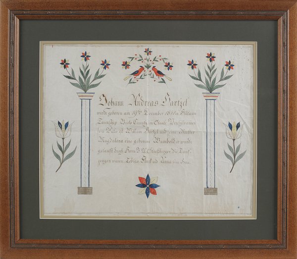 Square Flower Artist (Bucks County, Pennsylvania: Square Flower Artist (Bucks County, Pennsylvania, active 1840-1845), watercolor and ink on wove paper fraktur birth record, inscribed Johann Andreas Hartzel, Hilltown Township, 1841, with birds, tulip
