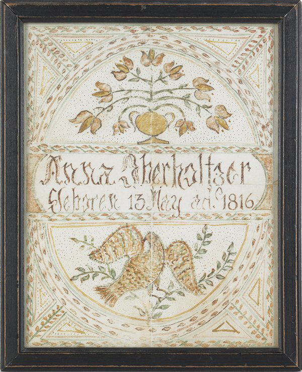 Pennsylvania watercolor and pinprick fraktur bir: Pennsylvania watercolor and pinprick fraktur birth certificate for Anna Oberholtzer, b. 1816, with eagle and potted tulip decoration, 7'' x 5 1/2''.