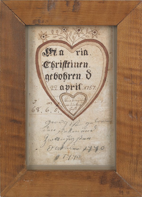 Southeastern Pennsylvania ink and watercolor fra: Southeastern Pennsylvania ink and watercolor fraktur birth certificate for Maria Christein, b. 1757, 5 1/4'' x 3 1/4''.