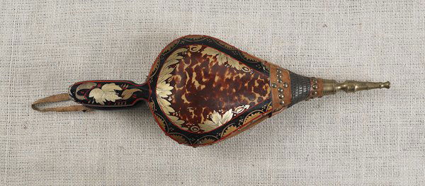 Philadelphia painted bellows, 19th c., labeled: Philadelphia painted bellows, 19th c., labeled Eckstein and Richardson, retaining a vibrant faux tortoiseshell center, gilt highlights, and red pinstripe decoration, 16 1/2'' h.