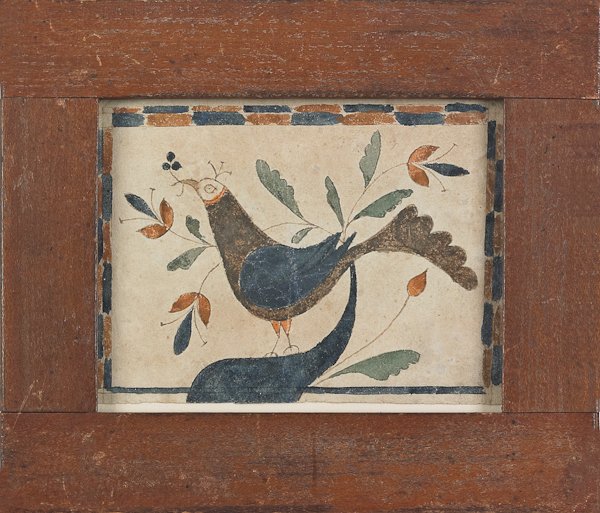 Southeastern Pennsylvania watercolor fraktur rew: Southeastern Pennsylvania watercolor fraktur reward of merit for Sarah Lerch, ca. 1800, depicting a distelfink perched on a floral branch, 2 3/4'' x 3 3/4''.