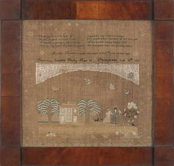 Pennsylvania silk on linen sampler, dated 1836: Pennsylvania silk on linen sampler, dated 1836, wrought by Matilda Snyder Bloomsburg, Columbia County, 16 3/4'' x 17 1/2''. A family history, photographs, and a Bible accompany this lot. Matilda was t