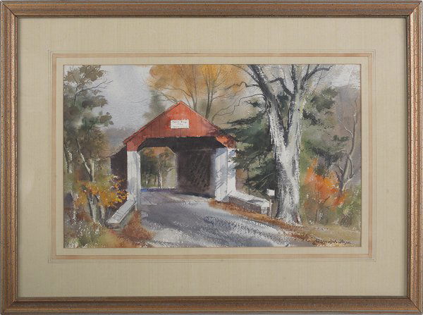 Ranulph Bye (American 1916-2003), watercolor la: Ranulph Bye (American 1916-2003), watercolor landscape of a covered bridge, signed lower right, 12 1/2'' x 20 1/2''.