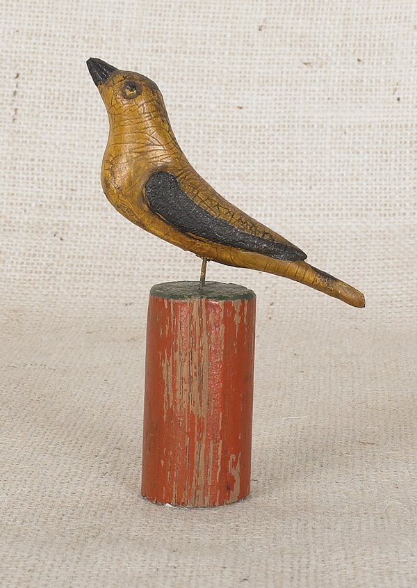 Schtockschnitzler Simmons (Southeastern Pennsylv: Schtockschnitzler Simmons (Southeastern Pennsylvania, active 1885-1910), carved and painted bird on a stump, 5 1/4'' h.
