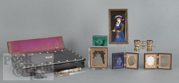 Miscellaneous tablewares, to include a malachite: Miscellaneous tablewares, to include a malachite trinket box, a miniature portrait on porcelain, three union cases, mother of pearl opera glasses, and a lap desk.