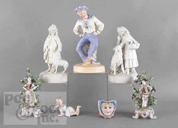 Seven porcelain figures, to include Parian exampl: Seven porcelain figures, to include Parian examples and bocage groups, tallest - 13''.