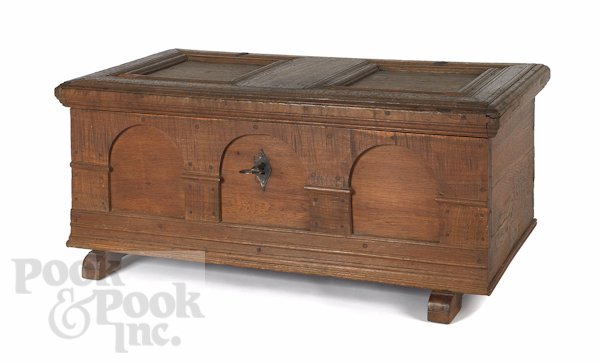 Lancaster County, Pennsylvania William & Mary oak: Lancaster County, Pennsylvania William & Mary oak architectural blanket chest, ca. 1740, of unusual small size with strap hinges and a grab lock, 18'' h., 42 1/2'' w.