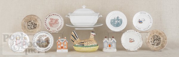 Collection of ironstone and Staffordshire, 19th c: Collection of ironstone and Staffordshire, 19th c., to include a hen on nest, ABC plates, etc.