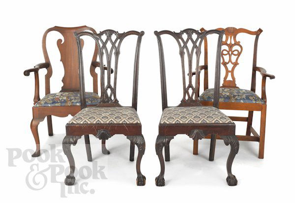 Kittinger Queen Anne style mahogany armchair, tog: Kittinger Queen Anne style mahogany armchair, together with a Chippendale style armchair and a pair of centennial chairs.