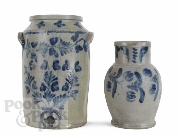 Maryland stoneware pitcher, 19th c., 13'' h., toge: Maryland stoneware pitcher, 19th c., 13'' h., together with a water cooler, 16 1/2'' h.