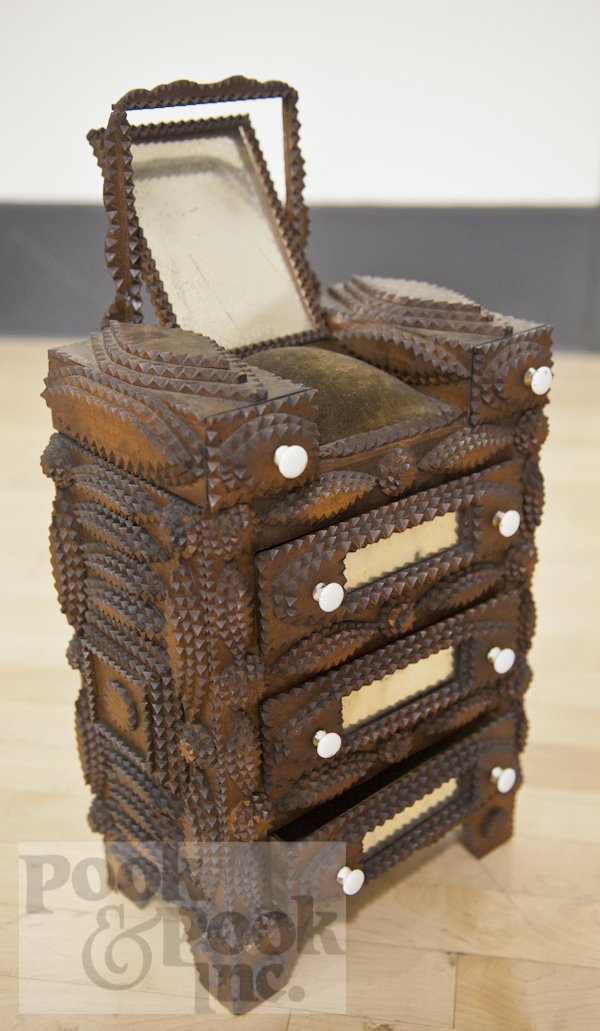 Miniature tramp art dresser, ca. 1900, 22'' h., 12: Miniature tramp art dresser, ca. 1900, 22'' h., 12'' w.