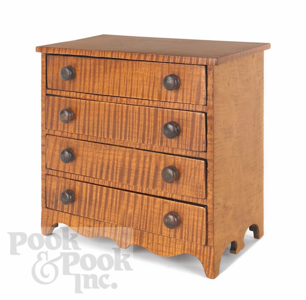 Federal style miniature tiger maple chest of draw: Federal style miniature tiger maple chest of drawers, 12 3/4'' h., 13'' w.
