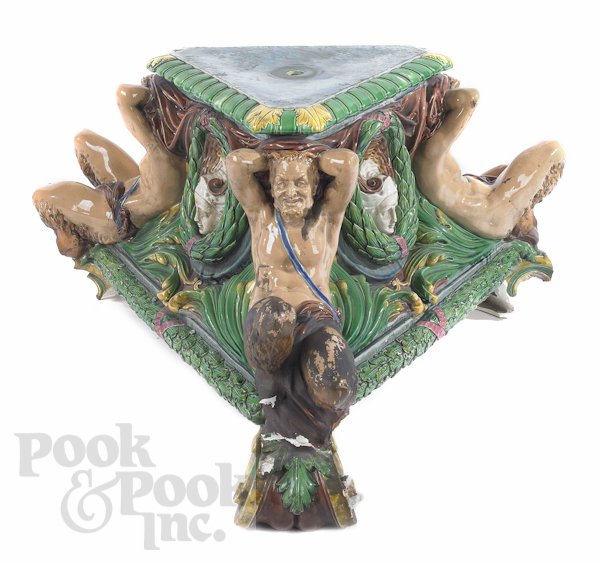 Minton Majolica pedestal with satyr corners, 16'': Minton Majolica pedestal with satyr corners, 16'' h., 32'' w. Provenance: Property deaccessioned from the Reading Public Museum.