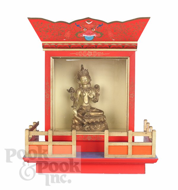 Chinese bronze Buddha statue, 20th c., in a pagod: Chinese bronze Buddha statue, 20th c., in a pagoda case, 19 1/4'' h., together with a Chinese model of a junk, 31'' l., and two Chinese paper lanterns. Provenance: Property deaccessioned from the Read