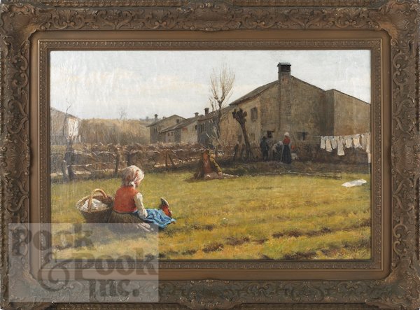 After Noe Bordignon oil on canvas courtyard scene: After Noe Bordignon oil on canvas courtyard scene, 16'' x 24 3/4''.