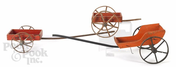 Three painted and stencil decorated toy pull cart: Three painted and stencil decorated toy pull carts, late 19th c., 15'' l. and 31'' l.