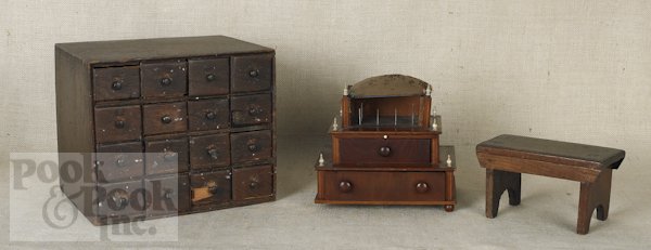 Pennsylvania miniature walnut stool, 19th c., tog: Pennsylvania miniature walnut stool, 19th c., together with a sewing box and a spice cabinet, 10'' h., 12'' w.