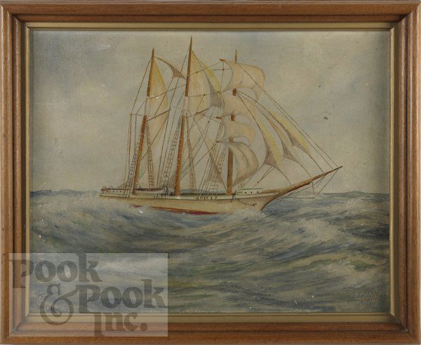 Oil on board ship portrait, dated 1944, 15'' x 1: Oil on board ship portrait, dated 1944, 15'' x 19'', together with a coastal scene, 10 1/2'' x 17''.
