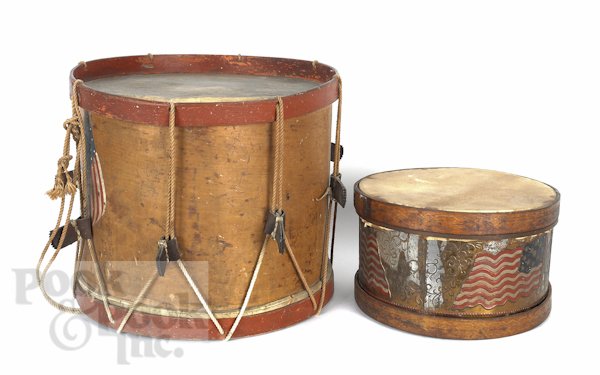 Painted tin drum with an American flag, 6'' h., 11: Painted tin drum with an American flag, 6'' h., 11'' w., together with a bentwood drum, 13'' h., 15'' w.