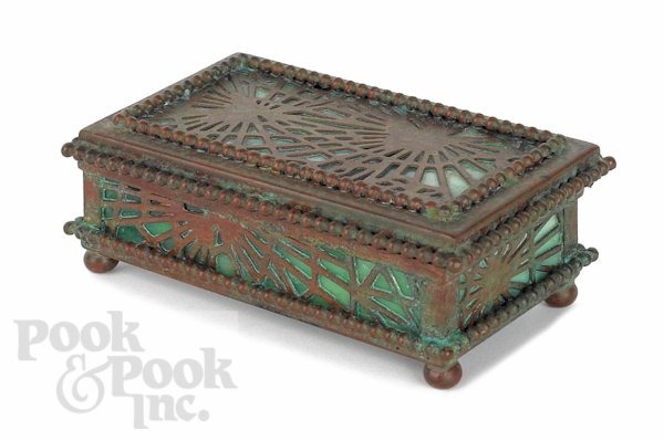 Tiffany Studios bronze and slag glass stamp box,: Tiffany Studios bronze and slag glass stamp box, 1 1/4'' h., 4'' w.