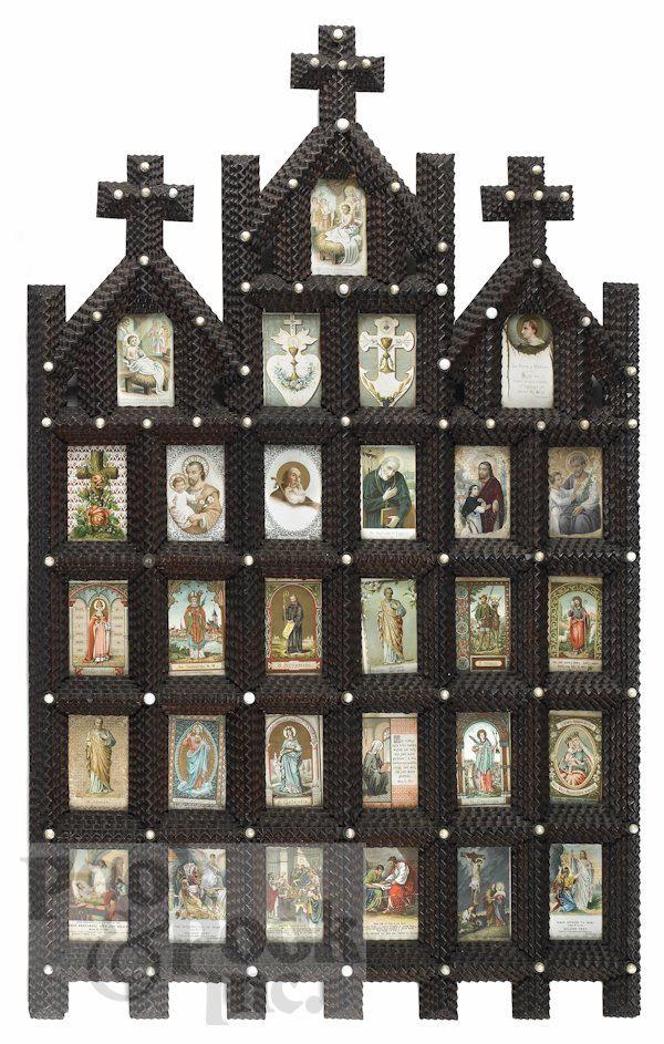 Elaborate tramp art frame with Biblical cards, 40: Elaborate tramp art frame with Biblical cards, 40 1/2'' x 25''.