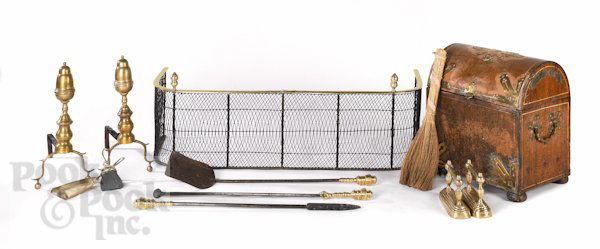 Collection of fireplace equipment, to include a p: Collection of fireplace equipment, to include a pair of Federal lemon top andirons, a fender, a tinder box, a footman, etc.