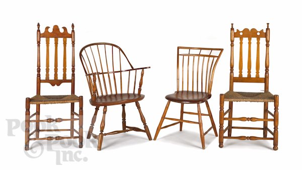 Two New England banisterback chairs, together wit: Two New England banisterback chairs, together with a sackback Windsor chair and a birdcage Windsor stamped E. Moseley.