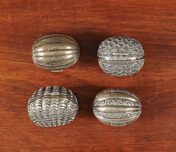 Four Birmingham silver nutmeg graters, 19th c.: Four Birmingham silver nutmeg graters, 19th c.