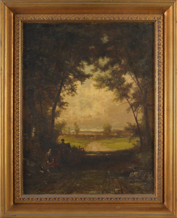 James Brade Sword (American 1839-1915), oil on: James Brade Sword (American 1839-1915), oil on canvas landscape with a picnic scene, signed lower right, 18'' x 14''.