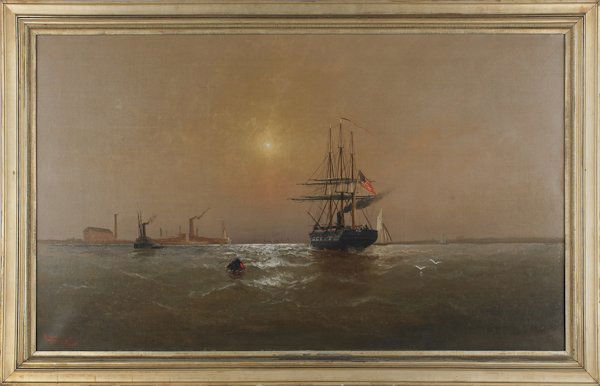 Alexander Charles Stuart (American 1831-1898),: Alexander Charles Stuart (American 1831-1898), oil on canvas seascape with an American frigate off the Delaware coast, signed lower left, 30'' x 50''.