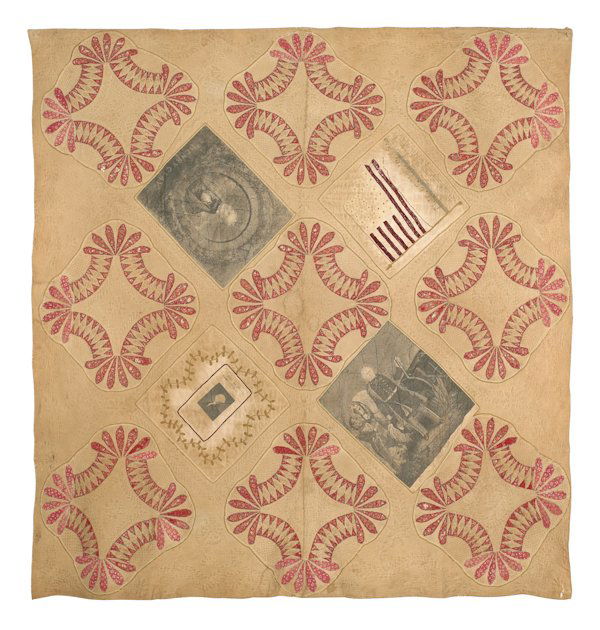 Pieced and trapunto quilt of political interest: Pieced and trapunto quilt of political interest, to include vignettes of George Washington, Henry Clay, and Zachary Taylor, and a quilted flag of the Union, 77'' x 77''.