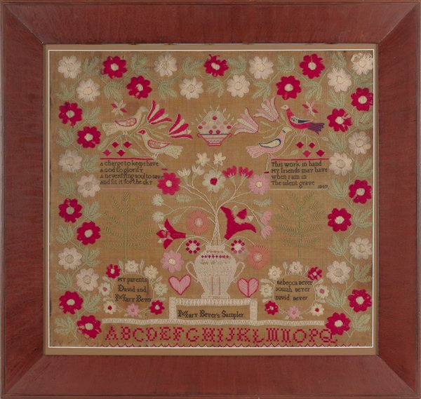 Pennsylvania wool needlework, dated 1847 and w: Pennsylvania wool needlework, dated 1847 and wrought by Mary Beyer, 19'' x 21''.