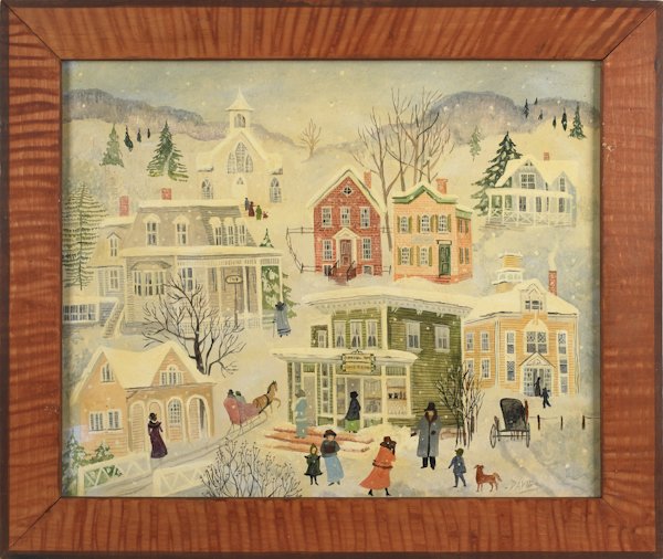 Jeanne Davies (American b.1936), oil on canvas: Jeanne Davies (American b.1936), oil on canvas winter town scene, signed lower right, 20'' x 24''.