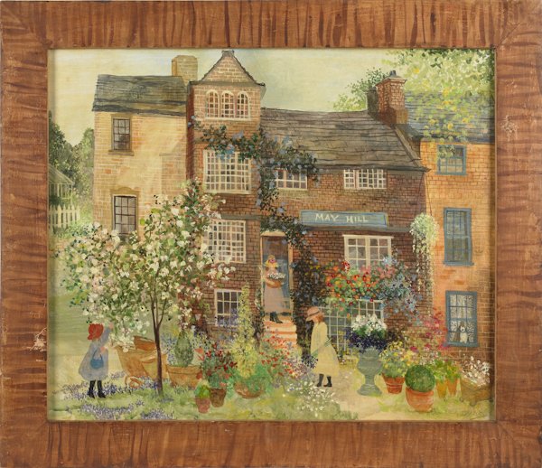 Jeanne Davies (American b. 1936), oil on canvas: Jeanne Davies (American b. 1936), oil on canvas landscape with a flower shop, signed lower right, 20'' x 24''.