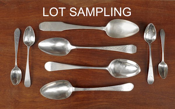 Collection of New York bright cut silver spoons,: Collection of New York bright cut silver spoons, 18th and 19th c., to include examples by J. Boutier, Amos Whitney, John Berger, Simon Bailey, John Sayre, William Roe, etc., 26 ozt.