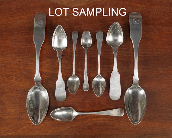 Collection of Philadelphia coin silver spoons, 1: Collection of Philadelphia coin silver spoons, 18th/19th c., to include examples by Robert Wilson, Henry Pepper, Shoemaker, Lehuray, Frank, Jonathan Davenport, James Guthrie, etc., 90 ozt.