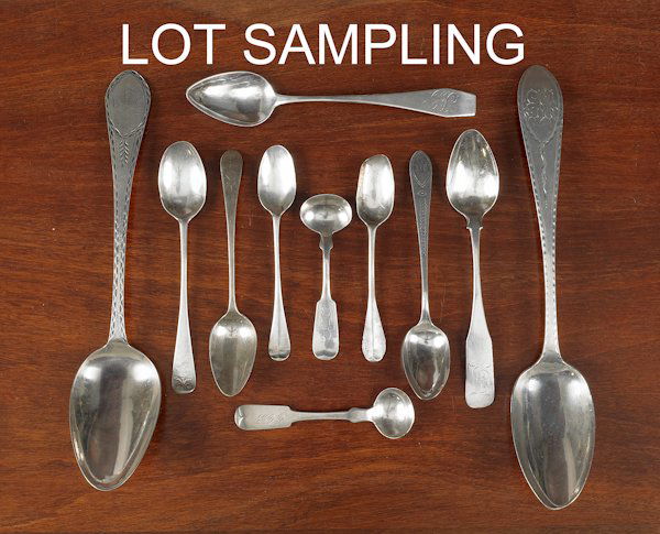 Collection of American coin silver spoons, to i: Collection of American coin silver spoons, to include examples by Berry, Hughes & Hall, John Burt, Pitman, William Simis, J. Ward, Miles Beach, etc., 57 ozt.