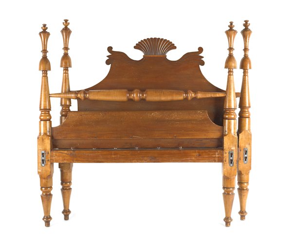Sheraton tiger maple bed, ca. 1830, with palmet: Sheraton tiger maple bed, ca. 1830, with palmette carved headboard, 60'' h., 57'' w., 83'' d.