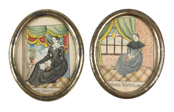 Pair of Reading Artist watercolor portraits of A: Pair of Reading Artist watercolor portraits of Amanda and Susanna Weidenhamer, each seated in an elaborate interior with a plaid floor and curtains, 9 1/2'' x 7 1/2'' and 9'' x 7''.
