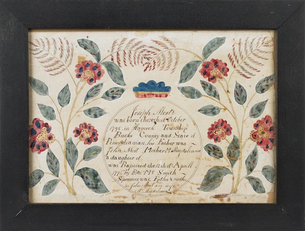 Bucks County, Pennsylvania ink and watercolor fr: Bucks County, Pennsylvania ink and watercolor fraktur birth certificate for Joseph Most, b.1795, 7 1/2'' x 10 3/4''.