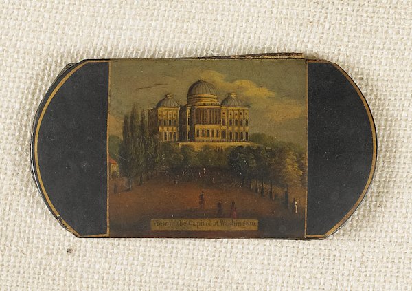 Rare papier-mâché painted cigar case, mid 19th c: Rare papier-mâché painted cigar case, mid 19th c., decorated with a View of the Capitol in Washington, 3'' h., 5 3/4'' w. Provenance: Joe Kindig Jr. and Sotheby's Appell Collection.
