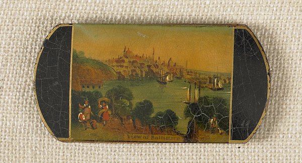 Rare papier-mâché painted cigar case, mid 19th c: Rare papier-mâché painted cigar case, mid 19th c., decorated with a View of Baltimore, 2 3/4'' h., 5 1/2'' w. Provenance: Joe Kindig Jr. and Sotheby's Appell Collection.