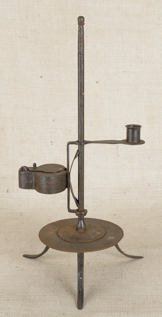 Continental wrought iron fat lamp on stand, earl: Continental wrought iron fat lamp on stand, early 19th c., 16 1/2'' h.