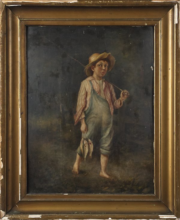 American oil on board of a boy with a stringer of: American oil on board of a boy with a stringer of fish, ca. 1900, 21'' x 16''.