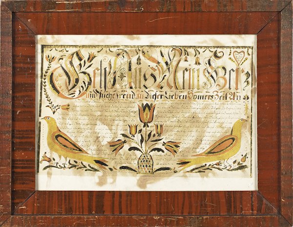 Painted frame, 19th c., with a reproduction print: Painted frame, 19th c., with a reproduction printed fraktur, 14'' x 18''.