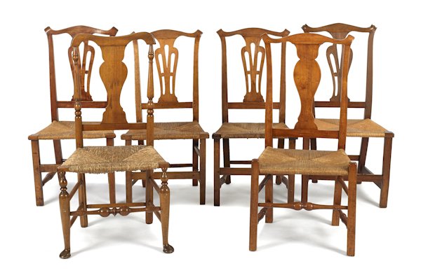Eight assorted rush seat dining chairs, 18th/19th: Eight assorted rush seat dining chairs, 18th/19th c., together with a rodback Windsor.